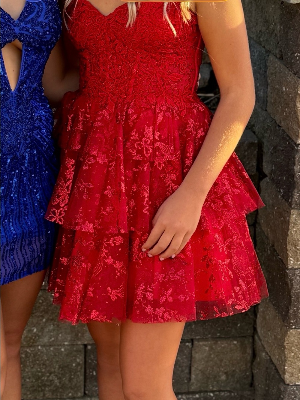 Red Lace Tiered Prom Dress with Floral Embroidery